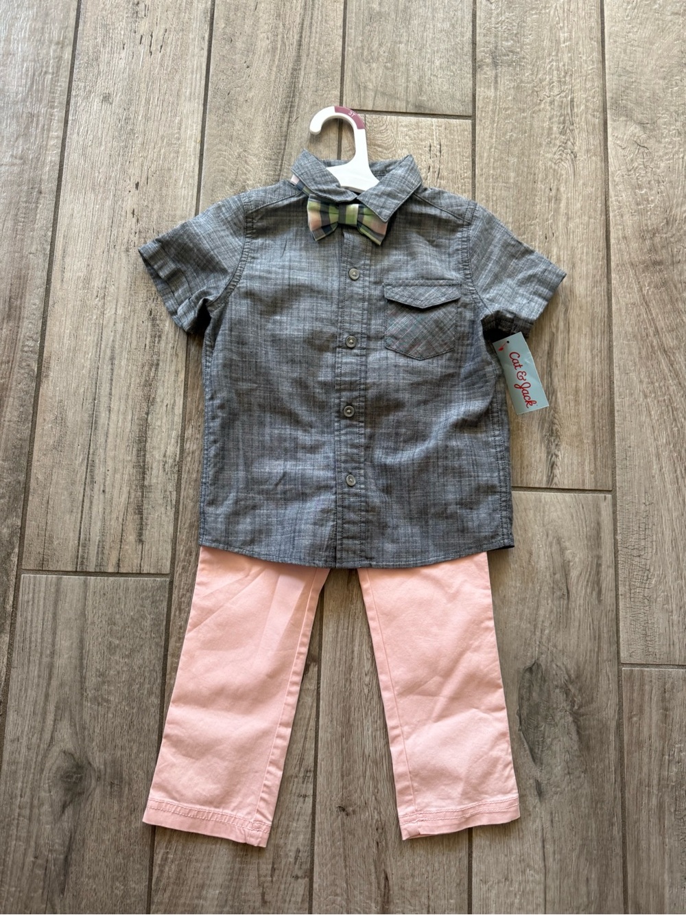 Cat & Jack Gray Short-Sleeve Button-Down with Pink Pants and Plaid Bow Tie